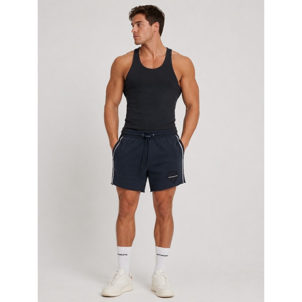 Alphalete Mens Identity Sweat Shorts Navy Blue Stripe Gym Athletic S New NWT